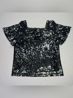 Ann Taylor Factory Sequin Top Womens Small Black Flutter Sleeve NWT Party Blouse